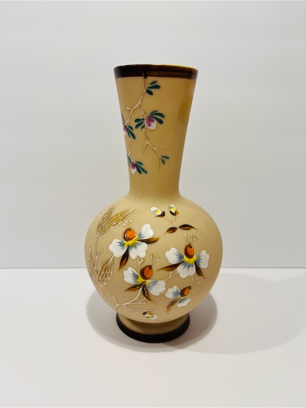 Antique Enameled Hand Painted Floral Satin Glass Vase 9”